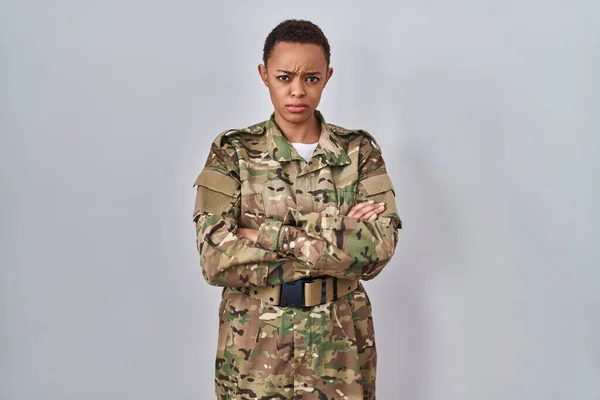 Beautiful African American Woman Wearing Camouflage Army Uniform Skeptic Nervous — Stock Photo, Image