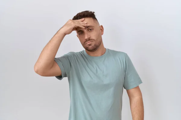 Hispanic Man Beard Standing White Background Worried Stressed Problem Hand — Fotografia de Stock