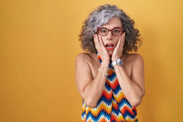 Middle Age Woman Grey Hair Standing Yellow Background Afraid Shocked — Stock Photo, Image