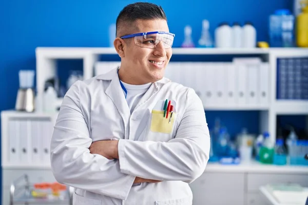 Young Latin Man Scientist Smiling Confident Standing Arms Crossed Gesture — Stockfoto