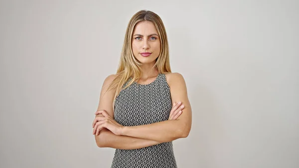 Young Blonde Woman Standing Serious Expression Arms Crossed Gesture Isolated — Stock Photo, Image