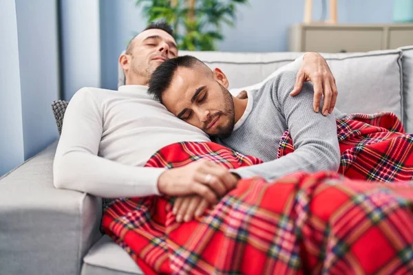 Two Men Couple Lying Sofa Sleeping Home — Stok fotoğraf