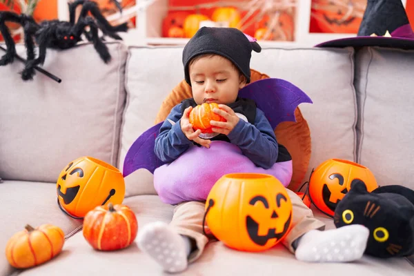 Adorable Hispanic Boy Wearing Costume Holding Pumpkin Home — Stock Photo, Image