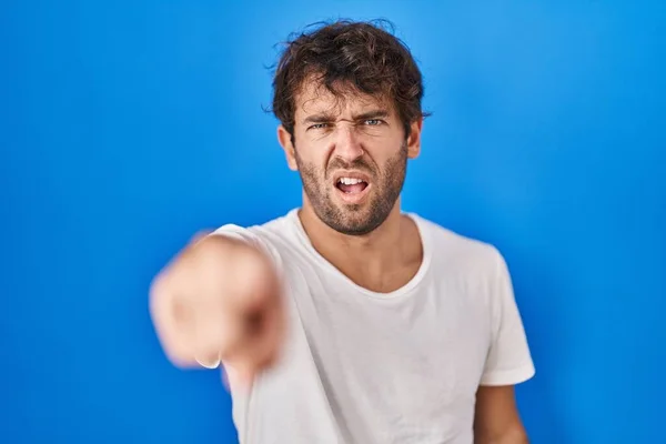 Hispanic Young Man Standing Blue Background Pointing Displeased Frustrated Camera — Stock Photo, Image