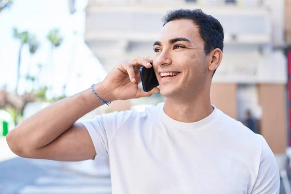 Young Hispanic Man Smiling Confident Talking Smartphone Coffee Shop Terrace — Stock Photo, Image