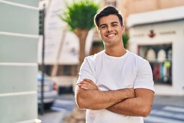 Young Hispanic Man Standing Arms Crossed Gesture Street — Stock Photo, Image