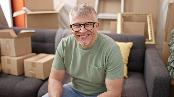 Middle Age Grey Haired Man Smiling Confident Sitting Sofa New — ストック写真