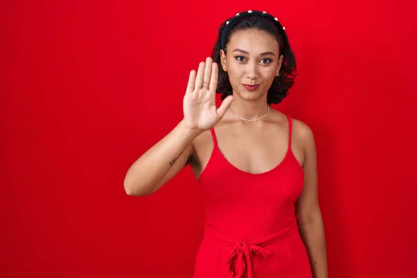 Young Hispanic Woman Standing Red Background Doing Stop Sing Palm — Stock Photo, Image