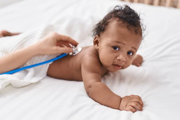 African American Baby Having Medical Examination Stethoscope Bedroom — Stock Photo, Image