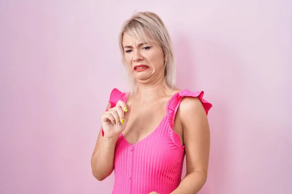 Young Caucasian Woman Standing Pink Background Disgusted Expression Displeased Fearful — Foto Stock