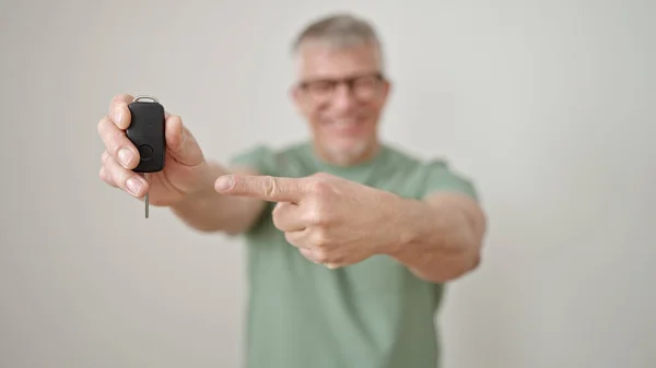 Middle Age Grey Haired Man Smiling Confident Pointing Finger Key — Stock Photo, Image