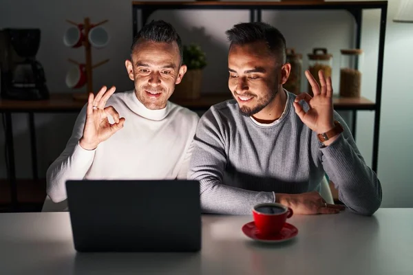Casal Homossexual Usando Laptop Computador Sorrindo Positivo Fazendo Sinal Com — Fotografia de Stock