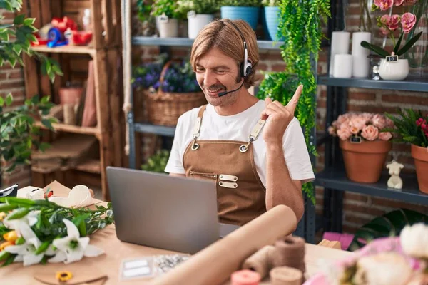 Caucasian Man Mustache Working Florist Shop Doing Video Call Smiling — Stock Photo, Image