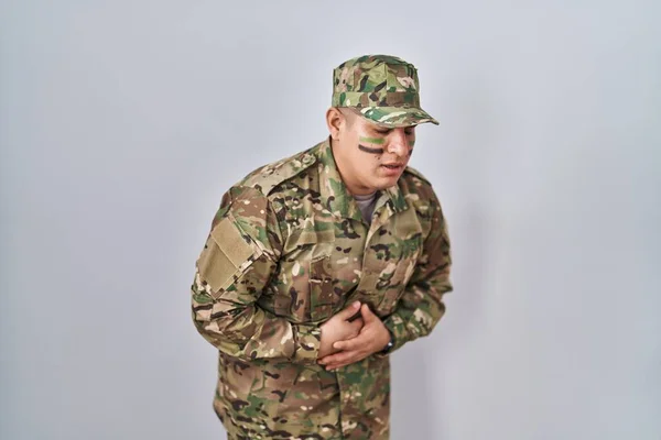 Hispanic Young Man Wearing Camouflage Army Uniform Hand Stomach Because — Stock Photo, Image