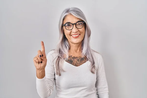 Middle Age Woman Grey Hair Standing White Background Showing Pointing — Stock Photo, Image