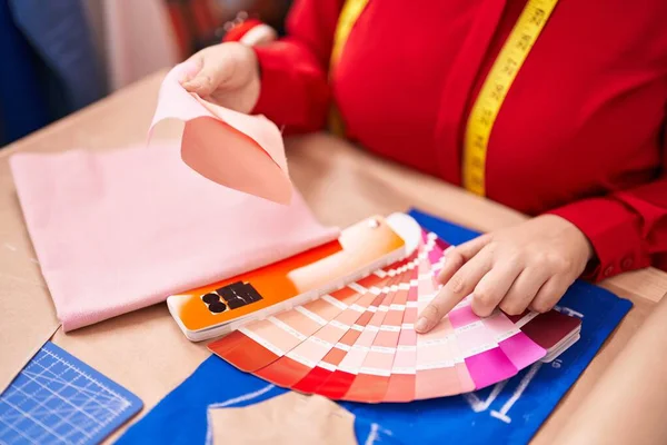 Young Beautiful Size Woman Tailor Holding Cloth Color Test Atelier — Zdjęcie stockowe