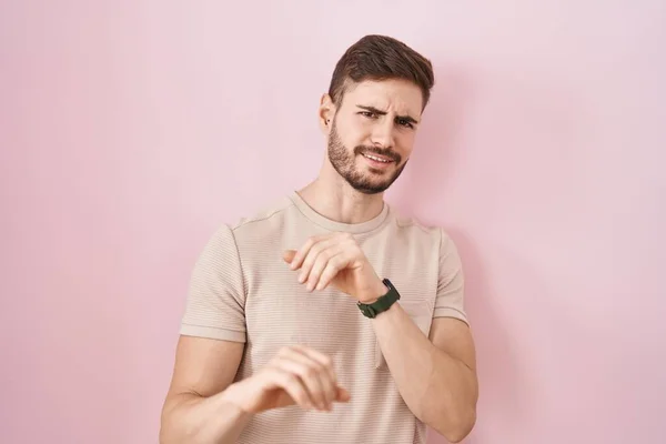 Hispanic Man Beard Standing Pink Background Disgusted Expression Displeased Fearful — Stock Photo, Image