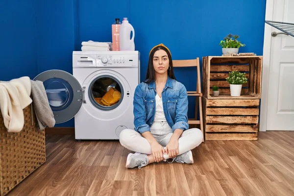 Hispanic Woman Doing Laundry Sitting Floor Serious Expression Face Simple — Stock Photo, Image