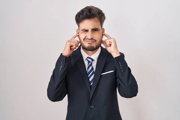 Young Hispanic Man Tattoos Wearing Business Suit Tie Covering Ears — Stock Photo, Image