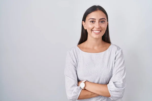 Young Hispanic Woman Standing White Background Happy Face Smiling Crossed — ストック写真