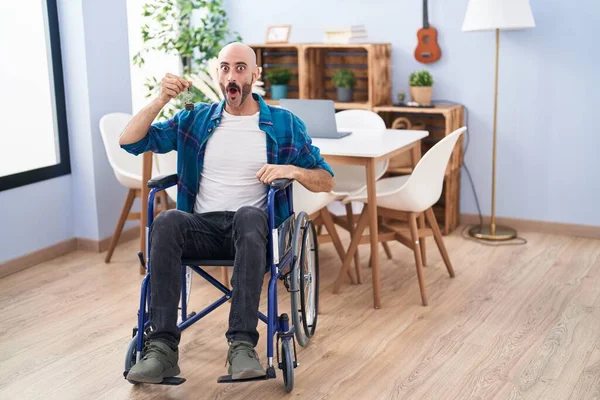 Hispanic Man Beard Sitting Wheelchair Holding New House Keys Scared — Stock Photo, Image