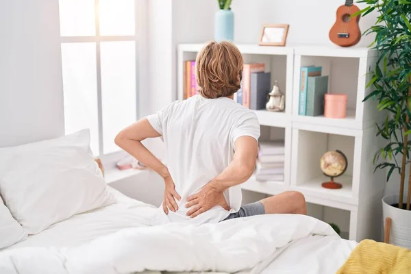 Young Blond Man Suffering Backache Sitting Bed Bedroom — Stock Photo, Image
