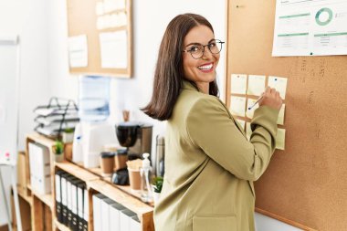 Genç, güzel, İspanyol bir iş adamı ofisteki mantar tahtaya yazı yazıyor.