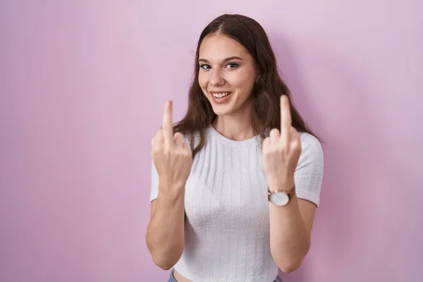 Young Hispanic Girl Standing Pink Background Showing Middle Finger Doing — Fotografia de Stock