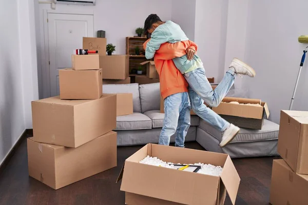 Two Man Couple Hugging Each Other Standing New Home — Stock Photo, Image