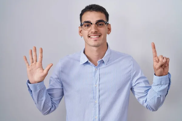 Handsome Hispanic Man Wearing Business Clothes Glasses Showing Pointing Fingers — Stock Photo, Image