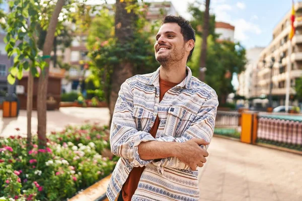 Young Hispanic Man Smiling Confident Standing Arms Crossed Gesture Park — Stock Photo, Image