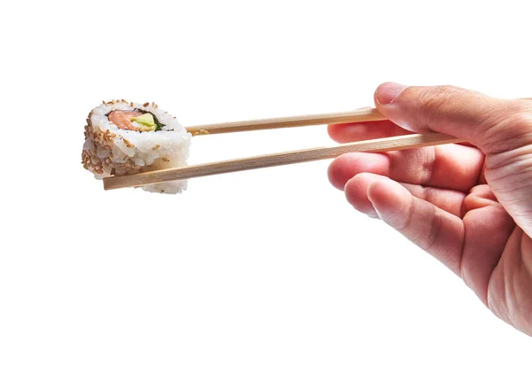 Hand Man Holding California Roll Chopsticks Isolated White Background — Stock Photo, Image