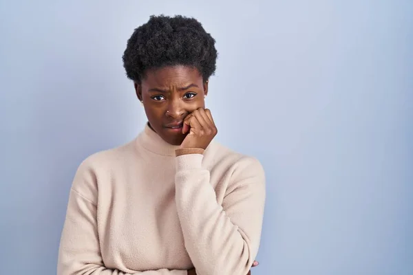 African American Woman Standing Blue Background Looking Stressed Nervous Hands — Stock Photo, Image
