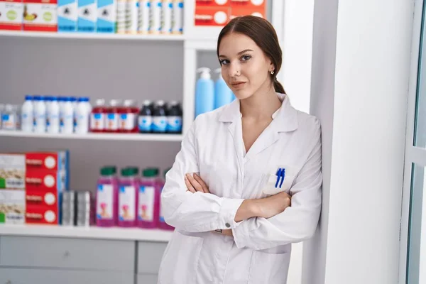 Young Woman Pharmacist Standing Arms Crossed Gesture Pharmacy — 图库照片