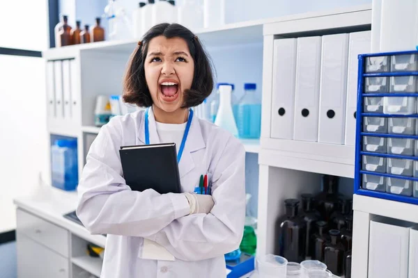 Young Hispanic Woman Working Scientist Laboratory Angry Mad Screaming Frustrated — Zdjęcie stockowe