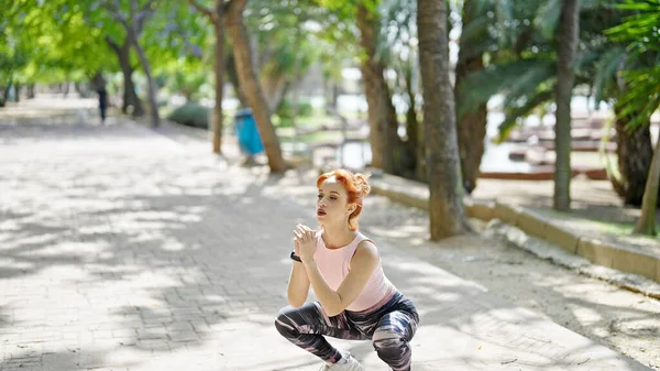 Young Redhead Woman Wearing Sportswear Training Legs Exercise Park — Stock Photo, Image