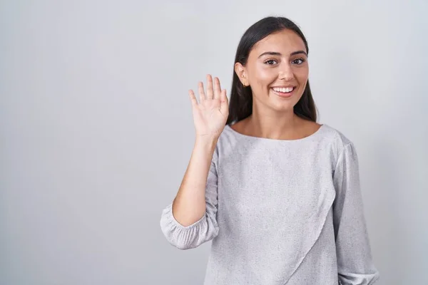 Young Hispanic Woman Standing White Background Waiving Saying Hello Happy — Photo