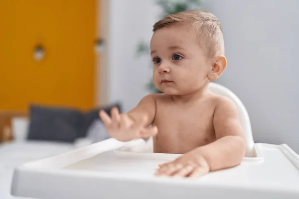 Adorable Caucasian Baby Sitting Highchair Home — Stock Photo, Image