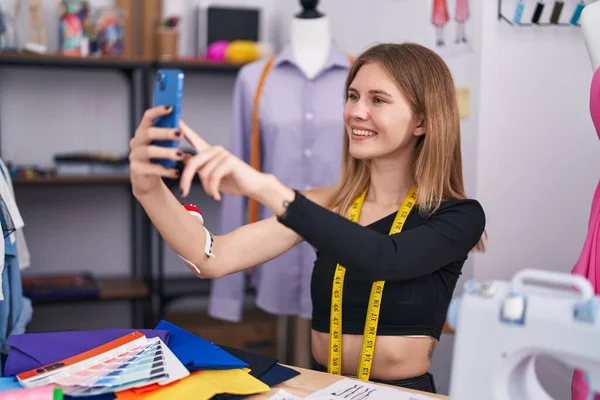 Young Blonde Woman Tailor Smiling Confident Make Selfie Smartphone Tailor — Stock Photo, Image