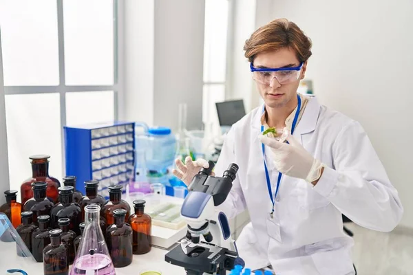 Young Caucasian Man Scientist Using Microscope Holding Plant Sample Laboratory — Stockfoto