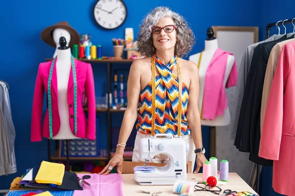 Middle Age Grey Haired Woman Tailor Smiling Confident Standing Sewing — Stock Photo, Image