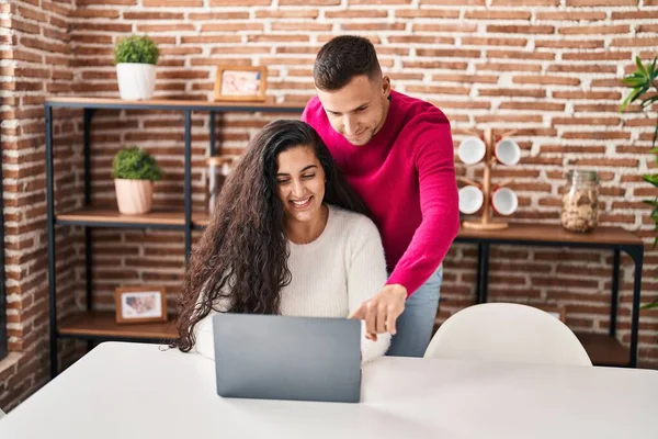 Man Woman Couple Smiling Confident Using Laptop Home — стоковое фото