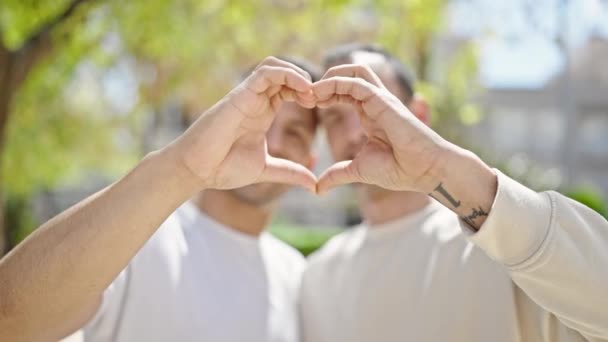 Two Men Couple Smiling Confident Doing Heart Gesture Park — ストック動画