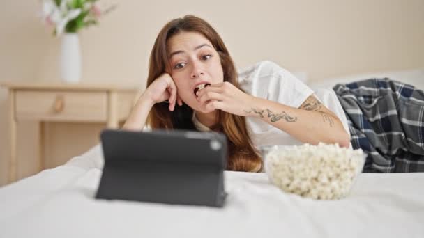 Young Beautiful Hispanic Woman Watching Movie Lying Bed Bedroom — Stock Video