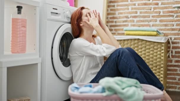 Young Redhead Woman Washing Clothes Stressed Laundry Room — Stock Video