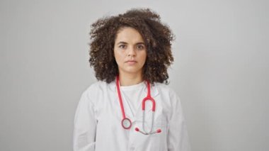 Genç, güzel İspanyol kadın doktor el ele yemin ediyor izole edilmiş beyaz arka planda.