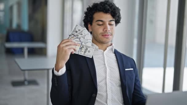 Young Latin Man Business Worker Using Laptop Holding Dollars Office — Stock videók