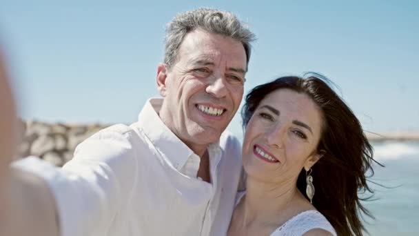 Senior Man Woman Couple Smiling Confident Make Selfie Camera Seaside — Stock Video
