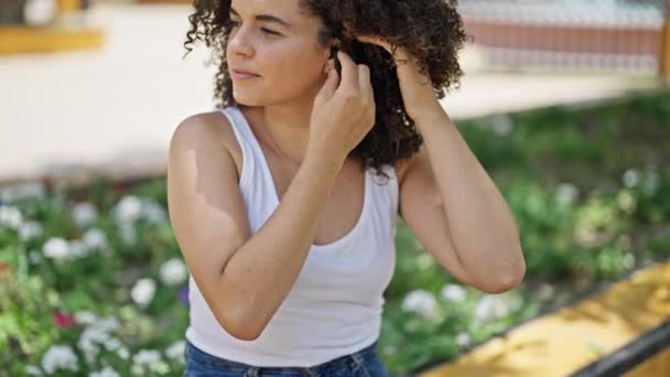 Young Beautiful Hispanic Woman Dancing Listening Music Smartphone Park — Stock Video