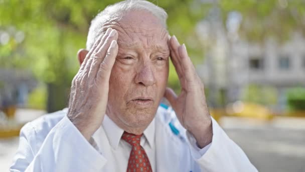 Idősebb Ősz Hajú Férfi Orvos Szenved Fejfájás Parkban — Stock videók